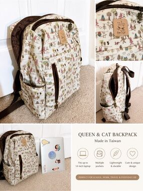 Queen cat Backpack - Cream Printed with Brown Accents water resistant